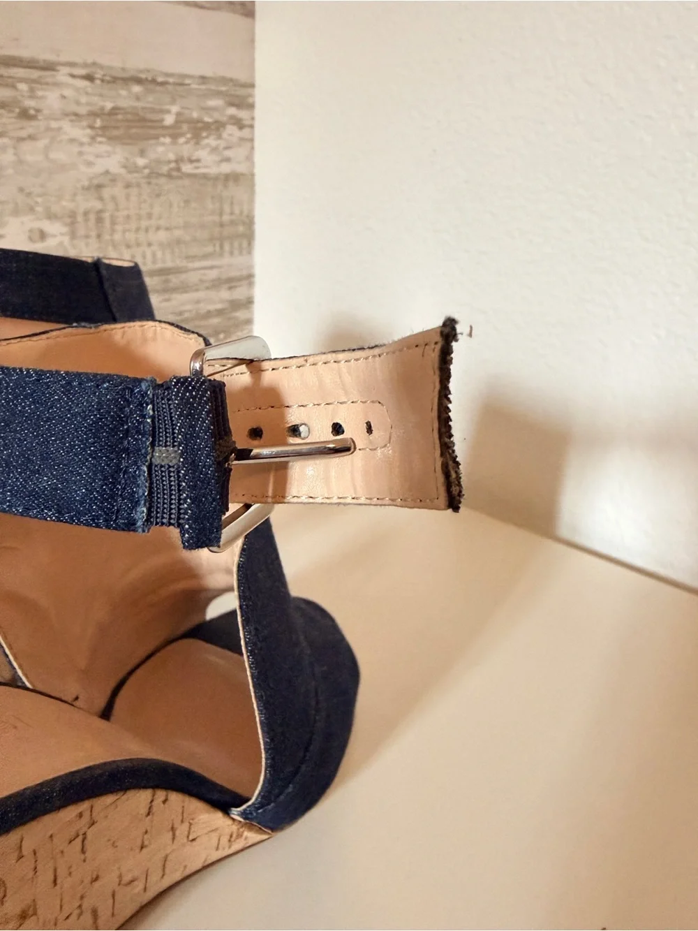 Nine West Denim Cork Wedge Peep-Toe Sandals - Dark Blue